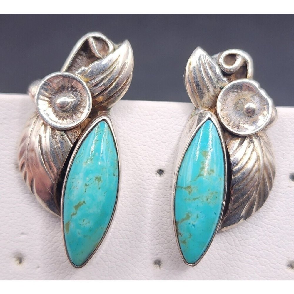 Vintage Native American Milton Lee Turquoise Sterling Silver Clip On Earrings